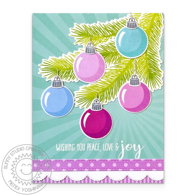 Sunny Studio Peace, Love & Joy Colorful Ornaments Handmade Christmas Card using Holiday Style 4x6 Clear Layering Craft Stamps