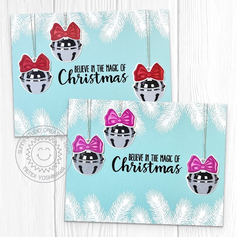 Sunny Studio Believe in Magic of Christmas Silver Jingle Bells Handmade Card using Holiday Style Clear Layering Craft Stamps