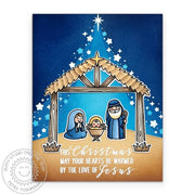 Sunny Studio Mary, Joseph & Baby Jesus with Stable & Shining Star Nativity Christmas Card using Holy Night Clear Craft Stamps