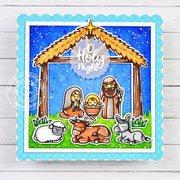 Sunny Studio Stamps Baby Jesus & Animals with Manger Nativity Christmas Card using Scalloped Square 1 Large Metal Craft Dies