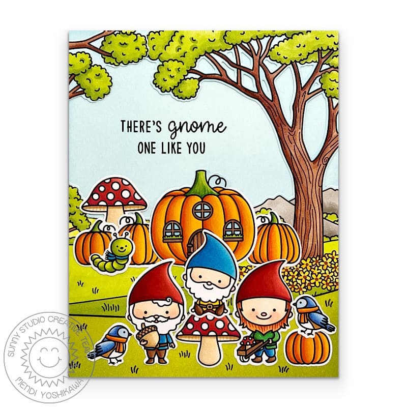 Sunny Studio There's Gnome One Like You Fall Pumpkin House in Meadow Punny Card using Home Sweet Gnome 4x6 Clear Craft Stamps
