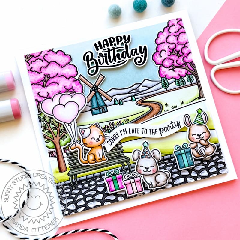 Sunny Studio Cat & Bunny Late To The Party Belated Birthday Card using Spring Scene Park Bench Border Clear Craft Stamps