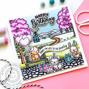 Sunny Studio Cat & Bunny Late To The Party Belated Birthday Card using Tulip Path Background 6x6 Backdrop Clear Craft Stamps