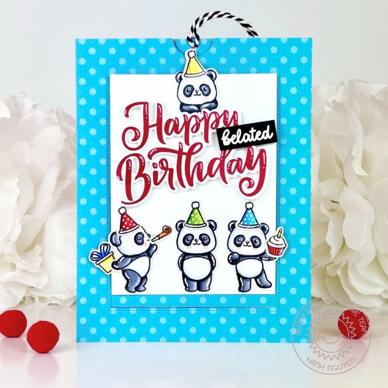 Sunny Studio Panda Bear Belated Birthday Sliding Window Interactive Pop-up Card using Big Bold Greetings Clear Craft Stamps
