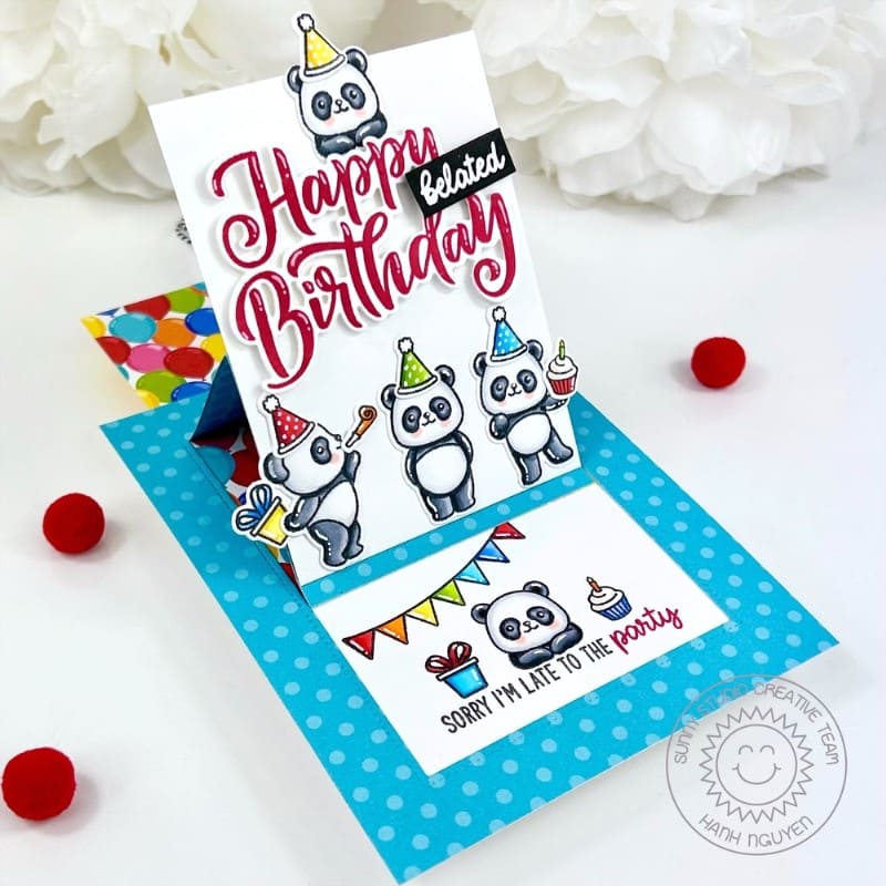 Sunny Studio Stamps Panda Bear Party Interactive Pop-up Belated Birthday Card using Sliding Window Metal Cutting Craft Dies