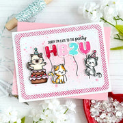 Sunny Studio Happy Birthday To You Cat & Balloons Card using Inside Greetings Belated Birthday Clear Sentiment Craft Stamps