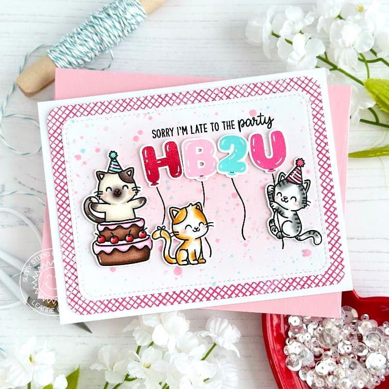Sunny Studio Happy Birthday To You Cat & Balloons Card using Inside Greetings Belated Birthday Clear Sentiment Craft Stamps
