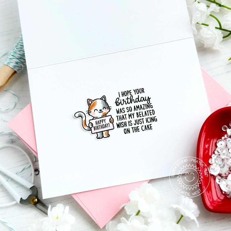Sunny Studio Hope My Wish is Just Icing On The Cake Cat Card using Inside Greetings Belated Birthday Clear Sentiment Stamps