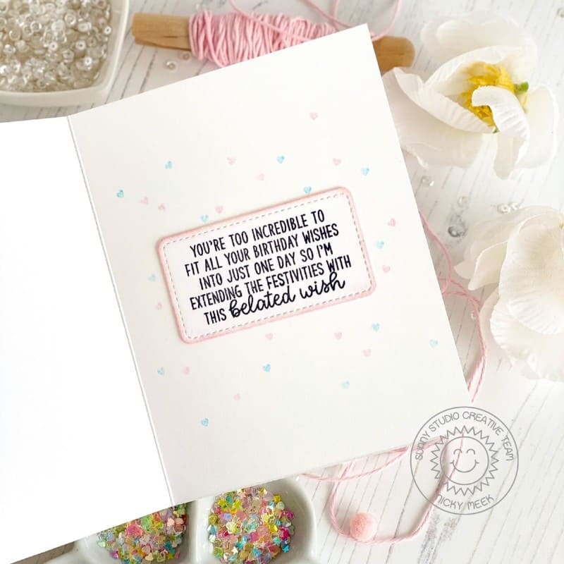 Sunny Studio You're Too Incredible to Fit Wishes Into One Day Cat Card using Inside Greetings Belated Birthday Clear Stamps