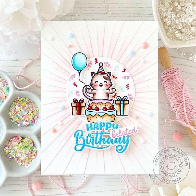 Sunny Studio Kitty Cat & Cake Embossed Sunburst Card using Inside Greetings Belated Birthday Clear Sentiment Craft Stamps