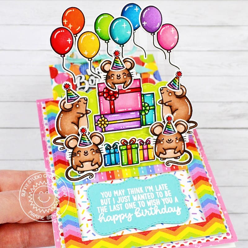 Sunny Studio Mice Rainbow Mouse Party Interactive Pop-up Card using Inside Greetings Belated Birthday 4x6 Clear Craft Stamps