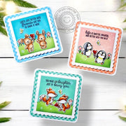 Sunny Studio Bunnies, Fox & Penguin Mini Scalloped Square Spring Friendship Cards using Inside Greetings Friends Clear Stamps