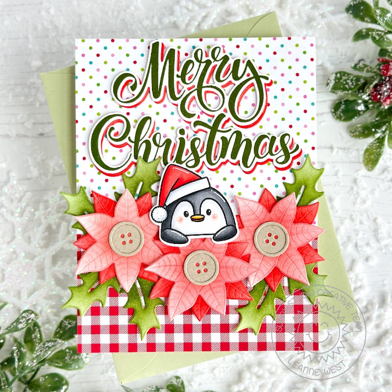 Sunny Studio Stamps Penguin with Poinsettia Flowers Merry Christmas Holiday Card using Woolen Mitten Metal Cutting Craft Dies