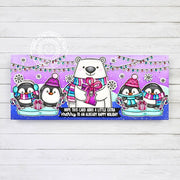 Sunny Studio Blue Purple Polar Bear & Penguins Slimline Winter Holiday Card using Inside Greetings Season Clear Craft Stamps