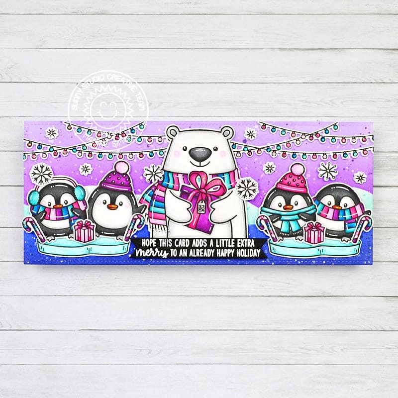 Sunny Studio Blue Purple Polar Bear & Penguins Slimline Winter Holiday Card using Inside Greetings Season Clear Craft Stamps