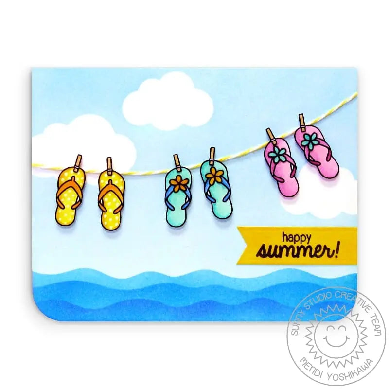 Sunny Studio Stamps Happy Summer Flip Flops Hanging from Clothesline Card using Wavy Border Metal Cutting Dies