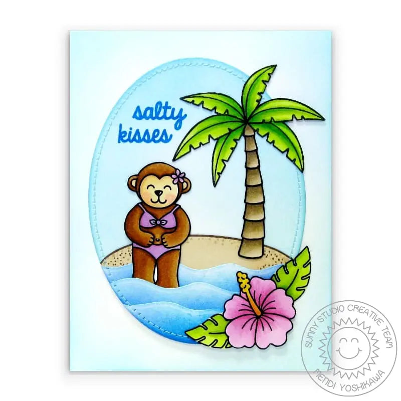Sunny Studio Stamps Salty Kisses Monkey in Bikini with Palm Tree Summer Card using Wavy Border Metal Cutting Dies