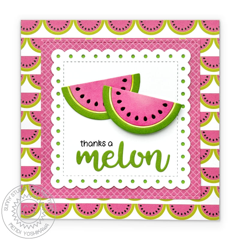 Sunny Studio Stamps Thanks A Melon Pink Scalloped Summer Thank You Card using Juicy Watermelon Metal Cutting Craft Dies