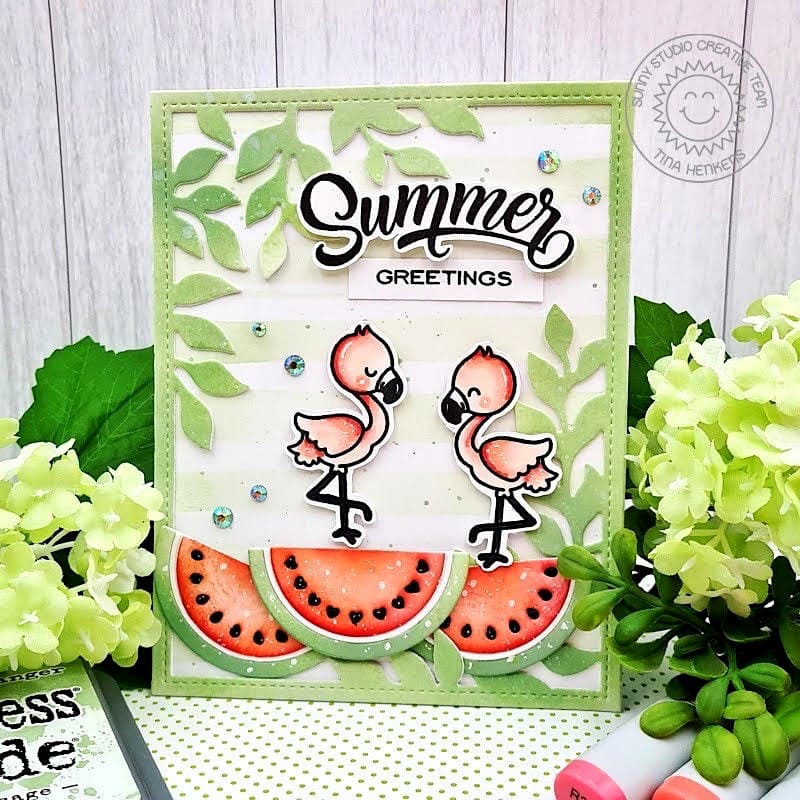 Sunny Studio Stamps Flamingos with Watermelon Slice & Leaf Frame Summer Card using Botanical Backdrop Metal Cutting Craft Die