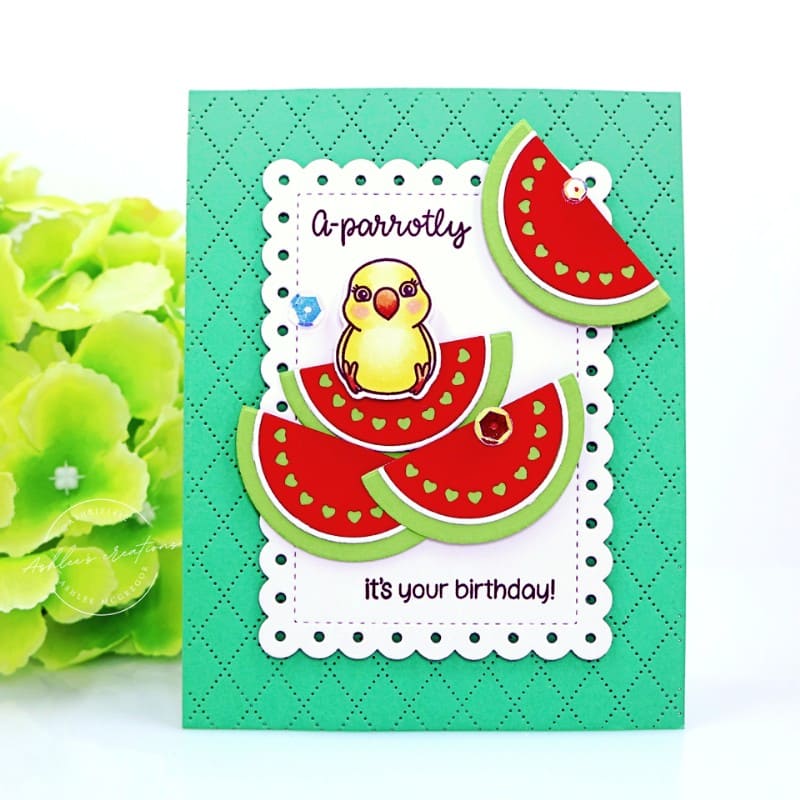Sunny Studio Stamps Aparrotly It's Your Birthday Parrot with Watermelon Summer Card using Dotted Diamond Portrait Craft Dies
