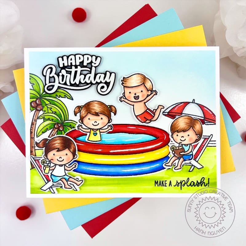 Sunny Studio Make a Splash Swimming Kids Handmade Summer Birthday Card by Hanh Nguyen using Kiddie Pool Clear Craft Stamps