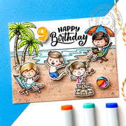 Sunny Studio Kids Beach-Themed Summer Birthday Card by Amanda Fitterer using Kiddie Pool Clear Photopolymer Craft Stamps