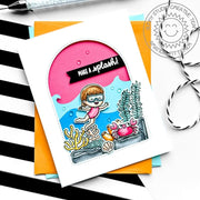 Sunny Studio Kid Girl Snorkeling with Coral & Crab "Make A Splash" Summer Ocean Card using Kiddie Pool Clear Craft Stamps