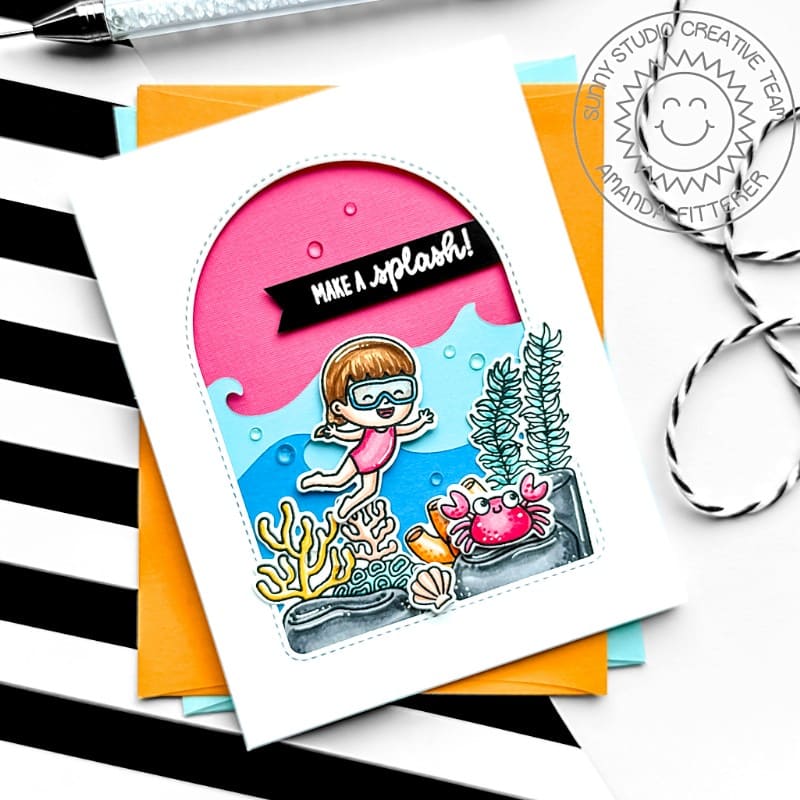 Sunny Studio Kid Girl Snorkeling with Coral & Crab "Make A Splash" Summer Ocean Card using Kiddie Pool Clear Craft Stamps