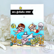 Sunny Studio Boy & Girl Snorkeling with Stingray & Fish in Ocean Summer Birthday Card using Kiddie Pool Clear Craft Stamps