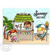 Sunny Studio Kids Drinking Lemonade in Beach Chairs at the Ocean Tiki Bar Summer Card using Kiddie Pool Clear Craft Stamps