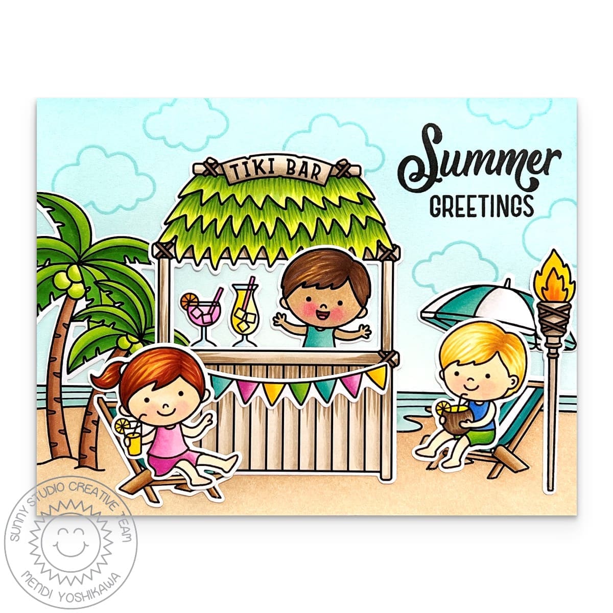 Sunny Studio Kids Drinking Lemonade in Beach Chairs at the Ocean Tiki Bar Summer Card using Kiddie Pool Clear Craft Stamps