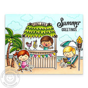 Sunny Studio Kids Drinking Lemonade in Beach Chairs by the Ocean & Palm Trees Summer Card using Tiki Time Clear Craft Stamps