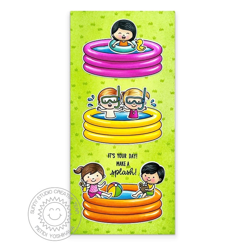 Sunny Studio "It's Your Day, Make A Splash" Kids Swimming in Pools Summer Birthday Card using Kiddie Pool Clear Craft Stamps