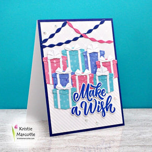 Sunny Studio Pink & Navy Blue Birthday Presents & Streamers Card (using Big Bold Greetings 4x6 Clear Sentiment Stamps)