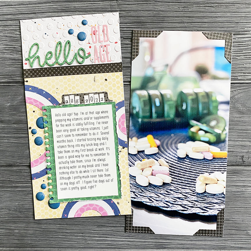 Sunny Studio Stamps Hello Old Age Polka-dot Embossed Scrapbook Layout by Laura Vegas (using Lots of Dots 6x6 Embossing Folder)
