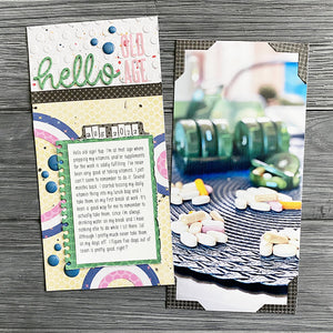 Sunny Studio Stamps Hello Old Age Polka-dot Embossed Scrapbook Layout by Laura Vegas using Notebook Tabs Metal Cutting Dies
