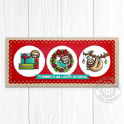 Sunny Studio Sloths in Stitched Circles Scalloped Slimline Handmade Holiday Card using Lazy Christmas 3x4 Clear Craft Stamps