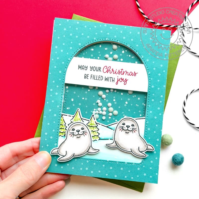 Sunny Studio Seals Polar Winter Handmade Holiday Christmas Shaker Card using Let's Chill 2x3 Mini Clear Craft Stamps