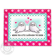 Sunny Studio Stamps Let's Chill Snow Seals Scalloped Winter Holiday Card using Buffalo Plaid Diagonal Background Craft Die