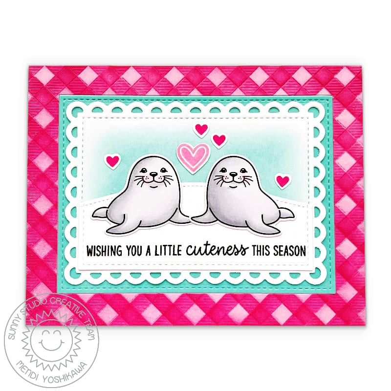 Sunny Studio Stamps Pink Gingham Snow Seals Scalloped Winter Holiday Card using Mini Mat & Tag 3 Metal Cutting Craft Die