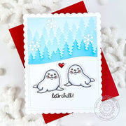 Sunny Studio Stamps Let's Chill Snow Seals & Snowflakes Scalloped Blue Winter Holiday Card using Forest Trees 6" Stencils