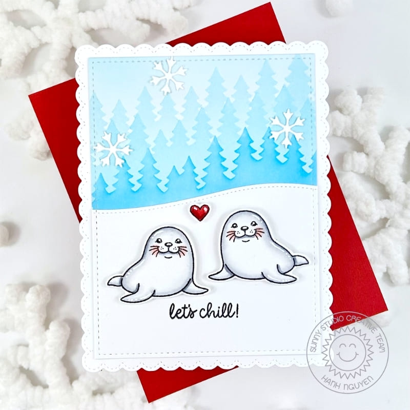 Sunny Studio Stamps Let's Chill Snow Seals & Snowflakes Scalloped Blue Winter Holiday Card using Forest Trees 6" Stencils