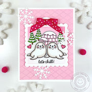 Sunny Studio Stamps Seals, Igloo, and Snowflakes Pink Winter Holiday Christmas Card using Dotted Diamond Background Craft Die