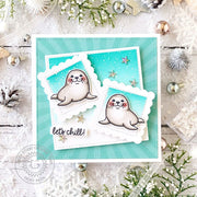 unny Studio Stamps Snow Seals Aqua Sunburst Scalloped Winter Holiday Card using Stitched Square Metal Cutting Craft Dies