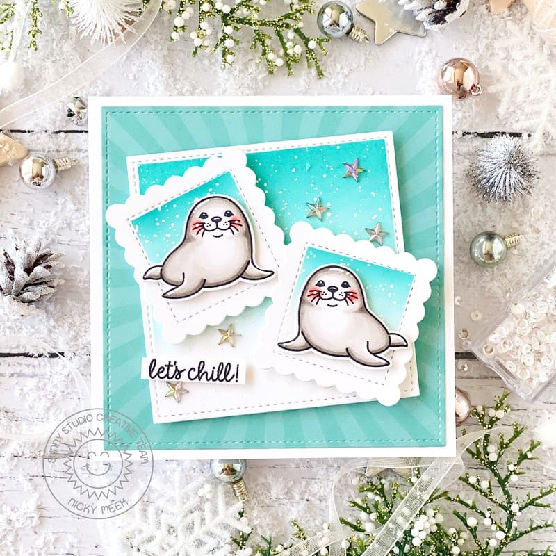 Sunny Studio Stamps Snow Seals Aqua Stitched Winter Holiday Card using Scalloped Square 1 Large Metal Cutting Craft Dies