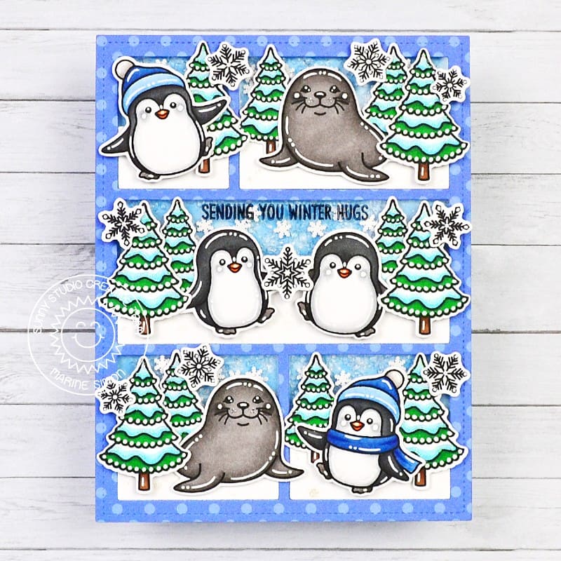 Sunny Studio "Sending Winter Hugs" Penguins & Seals Polar Winter Holiday Christmas Card using Penguin Pals Clear Craft Stamps