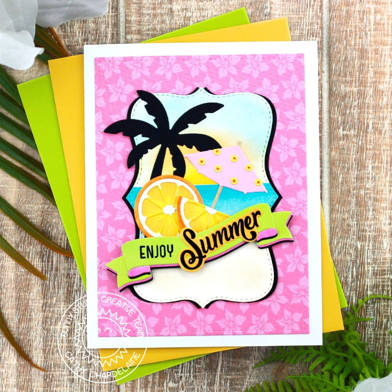 Sunny Studio Stamps Enjoy Summer Palm Trees, Orange Slices, & Beach Umbrella Card using Limitless Labels 1 Metal Craft Dies
