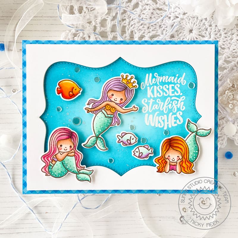 Sunny Studio Stamps Mermaid Kisses Starfish Wishes Ocean-Themed Aquarium Window Summer Card using Limitless Labels Craft Dies
