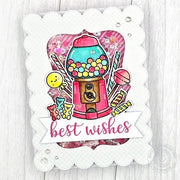 Sunny Studio Best Wishes Gumball Machine Sequin Scalloped Shaker Card using Candy Shoppe 4x6 Clear Craft Stamps