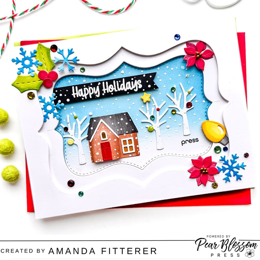 Sunny Studio Stamps Gradiated Shadow Box Frame Holiday House Christmas Card using Limitless Labels 1 Metal Cutting Craft Dies